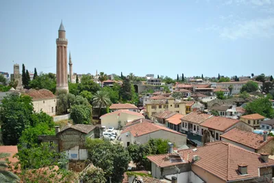 Aerial view of Antalya Kaleiçi old town — the historic district where many dental tourism patients stay, surrounded by the clinics, restaurants and Ottoman-era architecture
